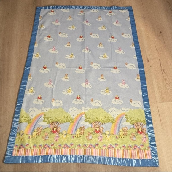 Other - Vintage Rainbow Bear Baby Blanket Quilt Handmade Satin Trim 60x40 Clouds Spring